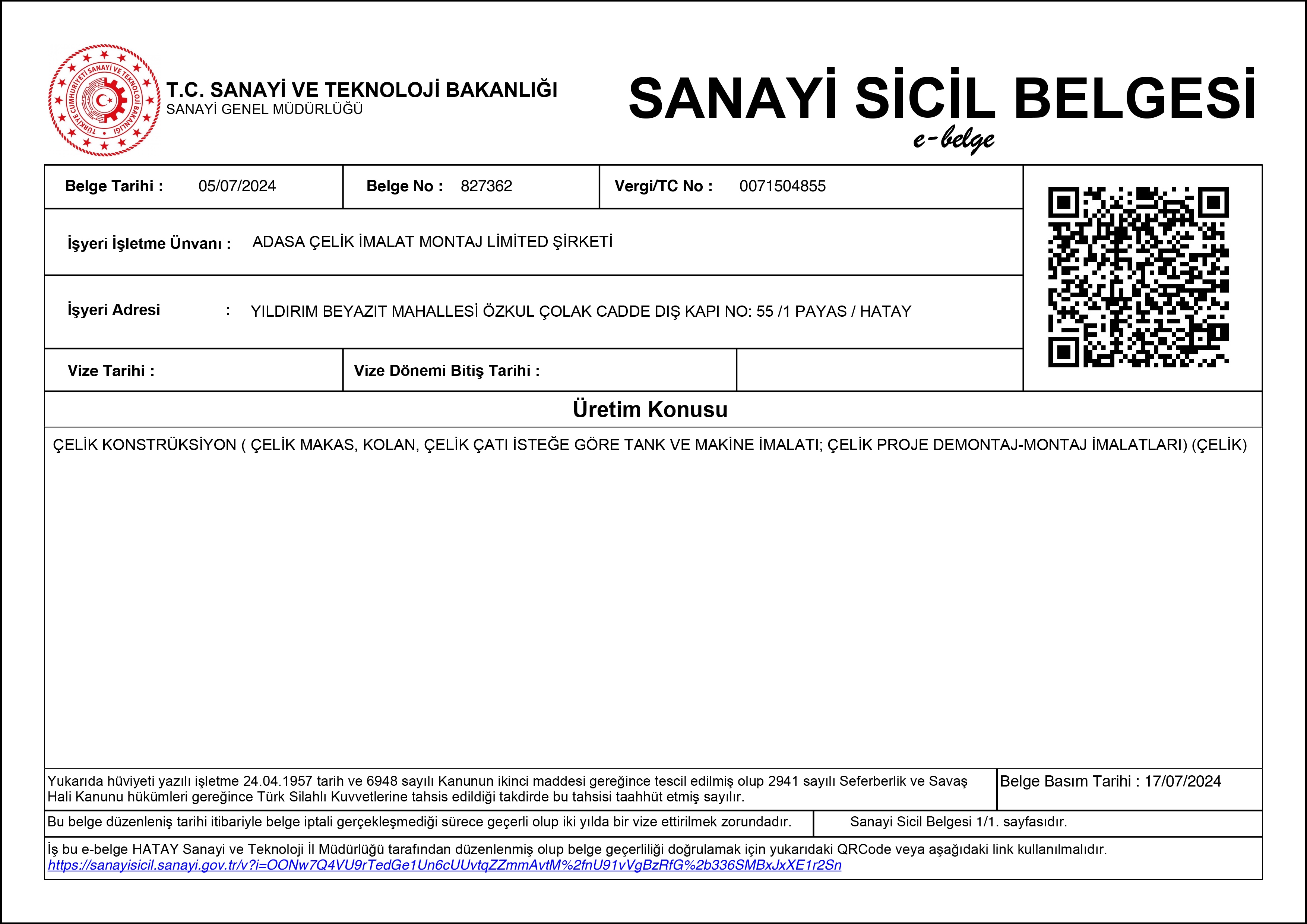 Sanayi Sicil Belgesi